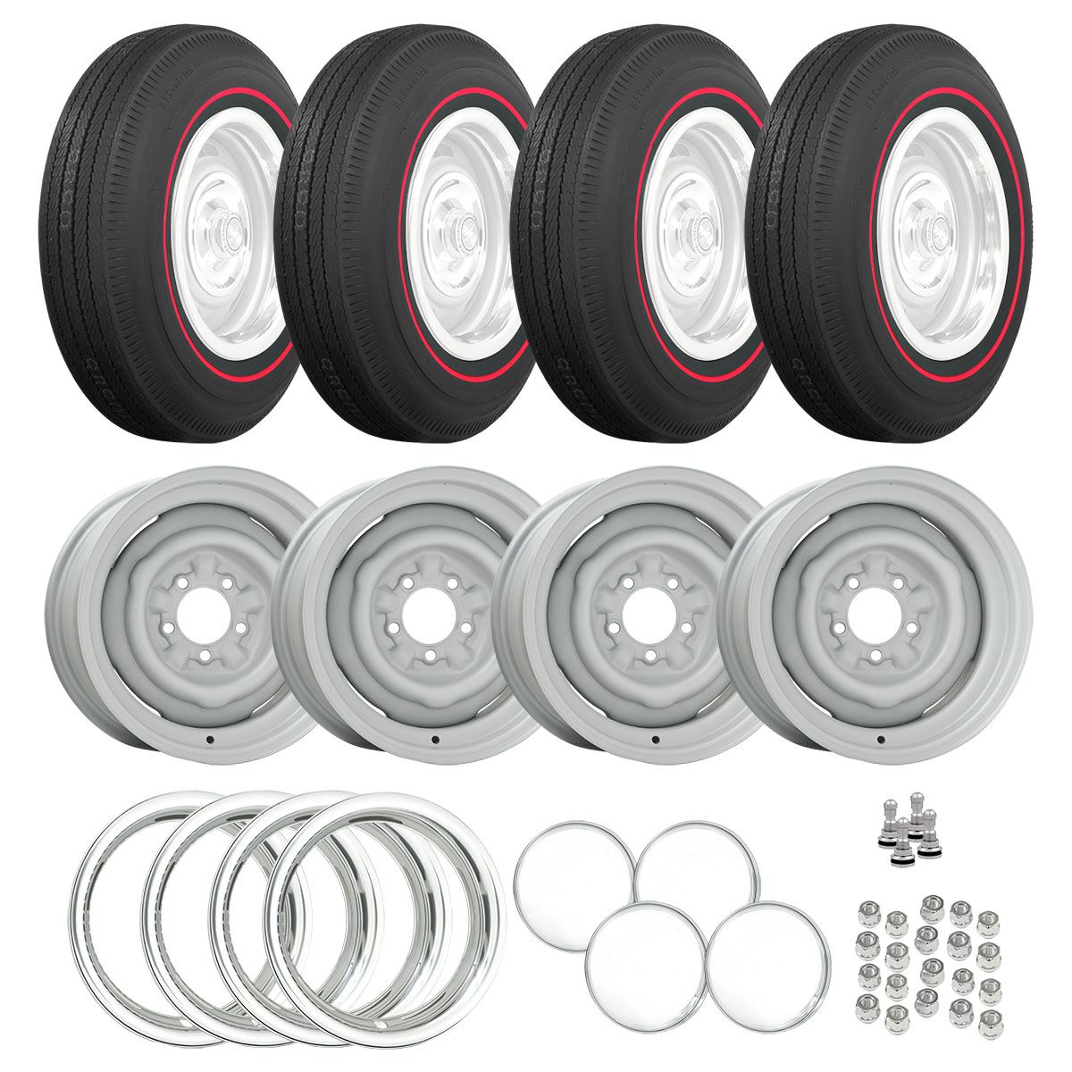 1964-67 Chevelle BFG Bias Ply 775-14 Redline OE Primed Tire/Wheel Package